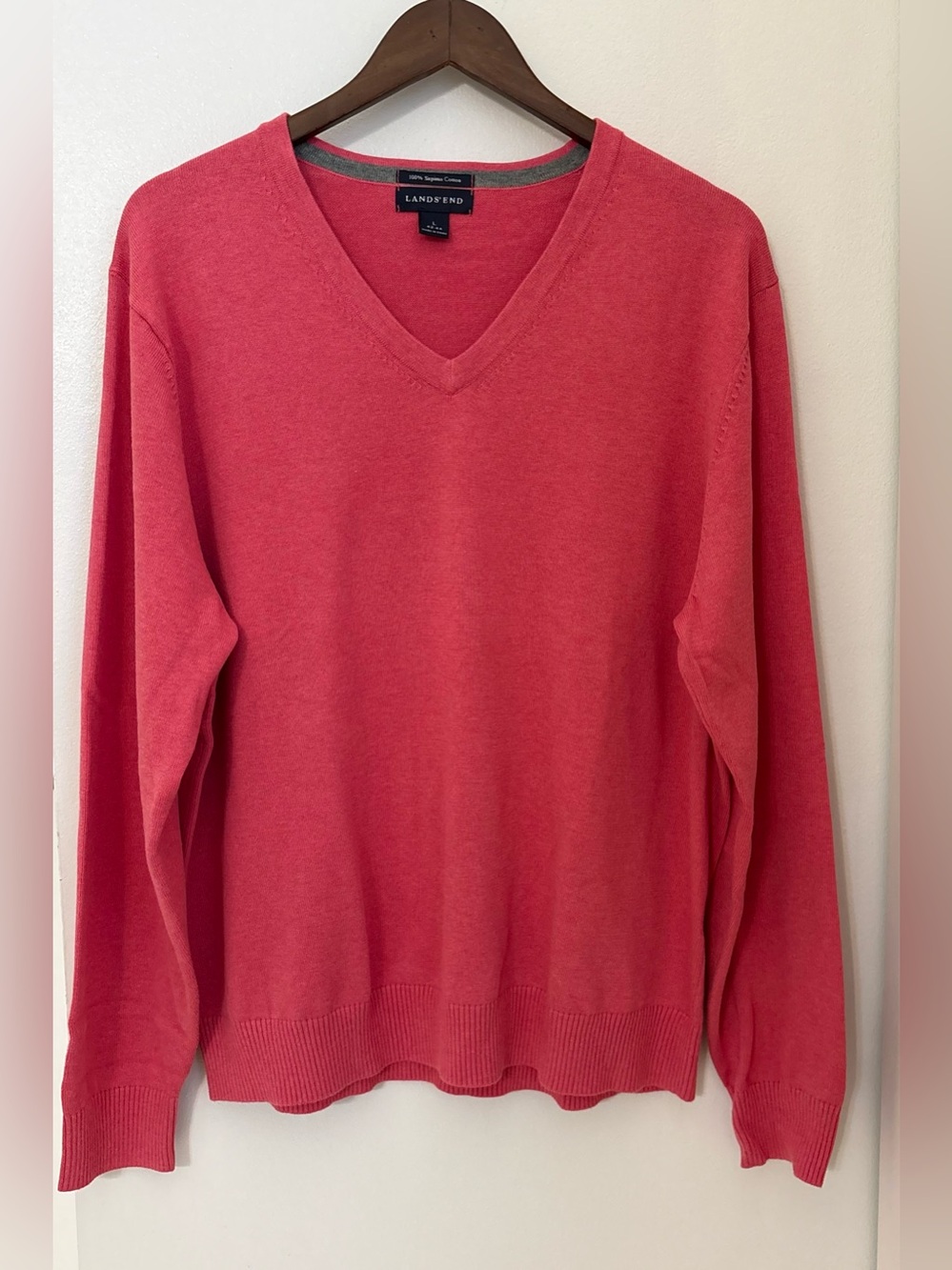 Lands' End 100% Supima Cotton Men's Coral-Pink V-Neck Sweater Size:L 42-44